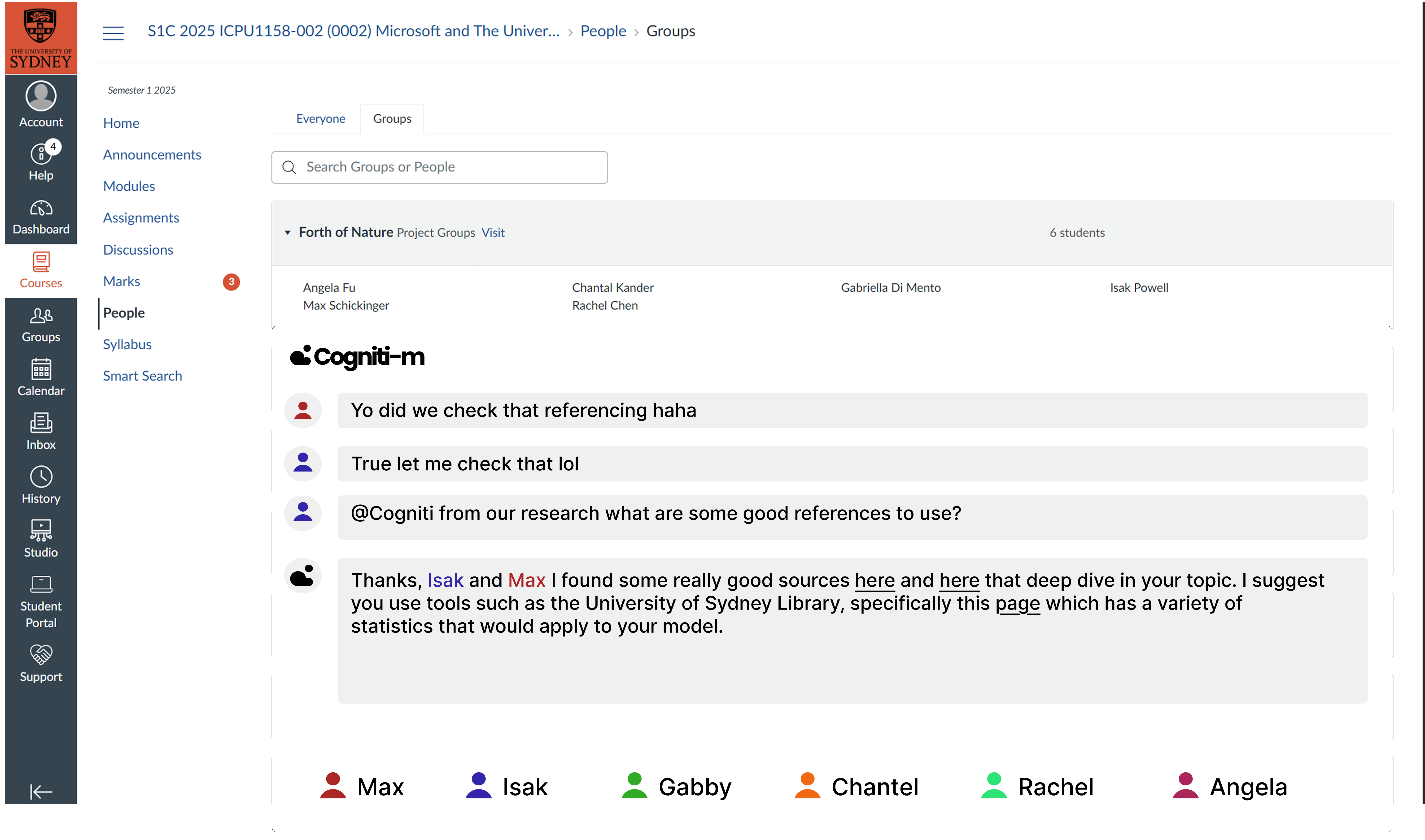 Cogniti-m mid-fidelity mockup — embedded in a Canvas group conversation